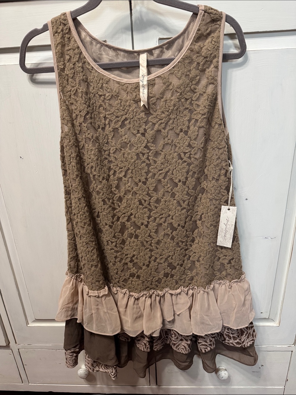 Layered Lace Ruffle Tank Top - Taupe